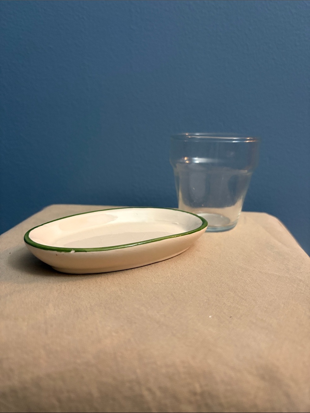 Ceramic Oval Dish with Green Trim and Small plant pot like glass